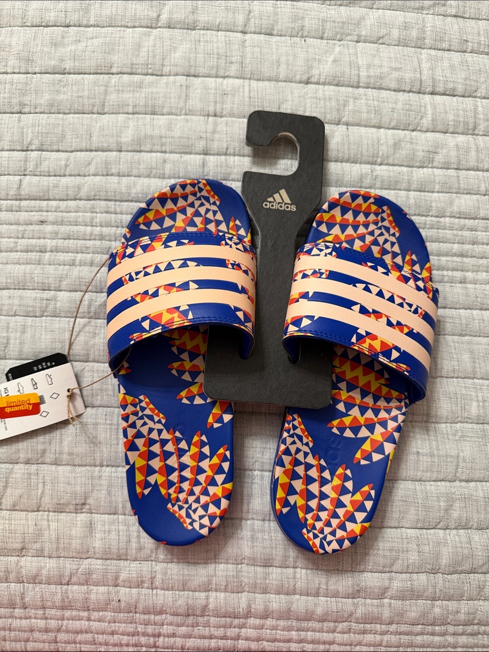 Adidas Blue Slide Sandals with Peach Straps and Multicolor Geo Print